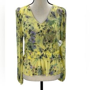 INC Long Sleeve Semi Sheer Floral Print Blouse - Yellow Green Purple - size PL